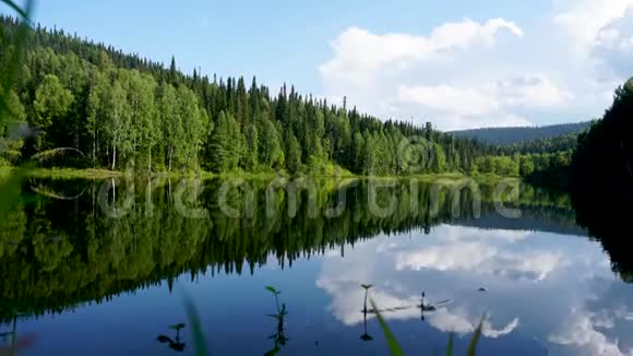 时光流逝的云彩在湖面上倒影美丽的森林环绕着水视频的预览图