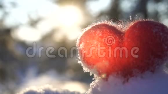 玩具毛织红心上的雪和背光的冬季夕阳慢动作视频的预览图