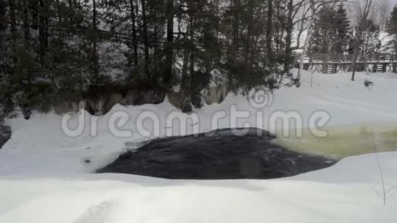 一条被雪覆盖的河流的特写镜头形成了一个炉墙视频的预览图