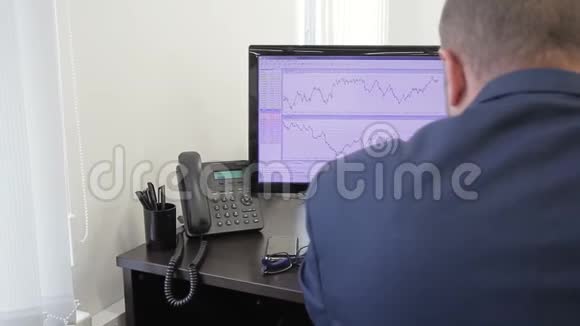 男人坐在办公桌前在两个显示器上研究财务图表视频的预览图