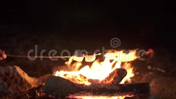 女游客在火上烤棉花糖视频的预览图