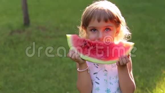 夏日阳光公园快乐小女孩带西瓜的画像视频的预览图