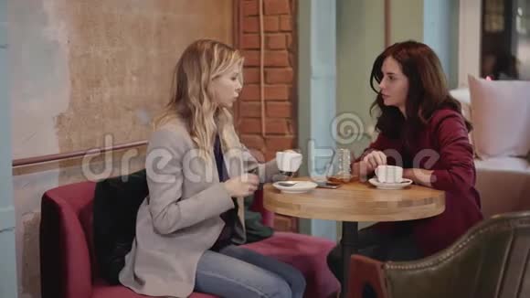 两个年轻漂亮的朋友在咖啡馆里交谈一个商业观念的女人视频的预览图