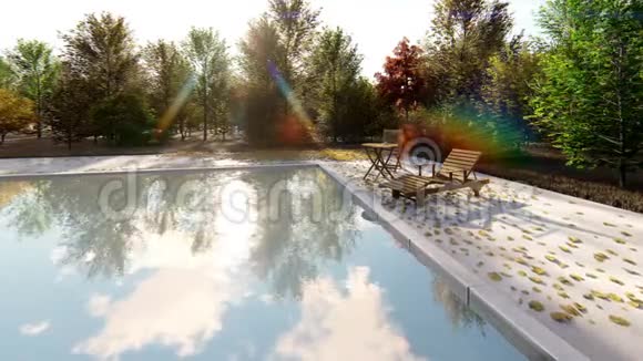 在晴朗的晴天照相机在秋天飞过游泳池视频的预览图