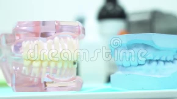 牙科诊所桌子上的下巴模型牙科护理和医学概念媒体快去找假的视频的预览图
