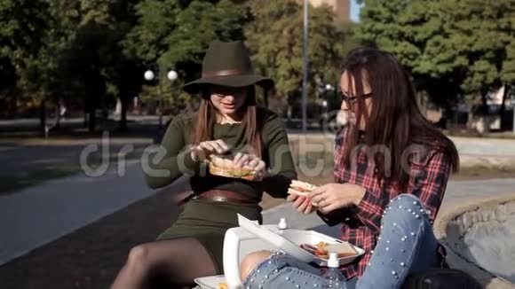 秋天女孩们坐在公园里她们吃薯条和三明治交流视频的预览图