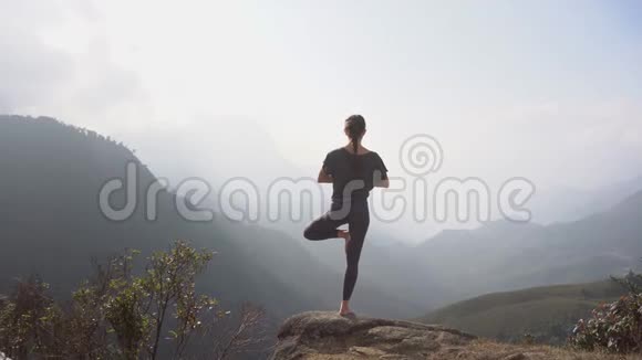 健康的生活方式在山崖纳马斯特做瑜伽姿势的女人视频的预览图