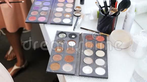 特写视频的彩色调色板与油漆和阴影化妆专业化妆师或持化妆师视频的预览图