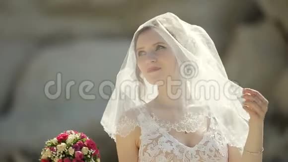 新娘和英俊的新郎走在沙岩附近视频的预览图