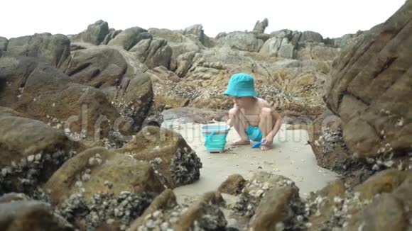 小可爱的孩子在石头和贝壳的背景上玩沙子视频的预览图