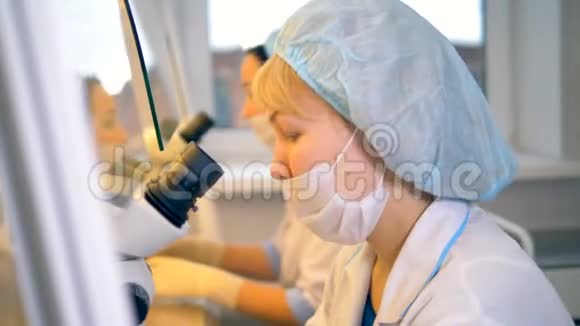 两位女科学家正在实验室做实验其中一位正在显微镜下观察视频的预览图