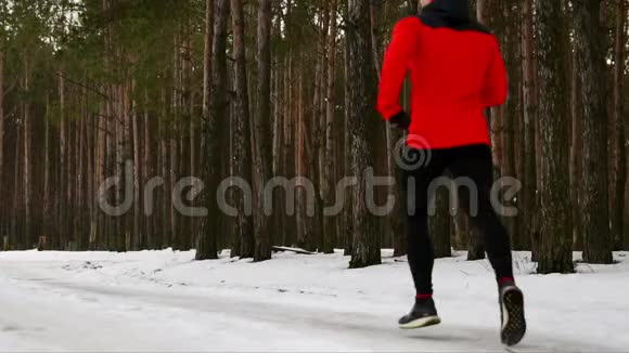 一个穿着红色夹克衫的年轻人穿着休闲服装穿过森林后景慢动作120架视频的预览图