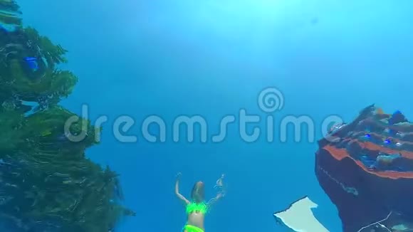 女孩在游泳池的水下潜水竖起大拇指视频的预览图