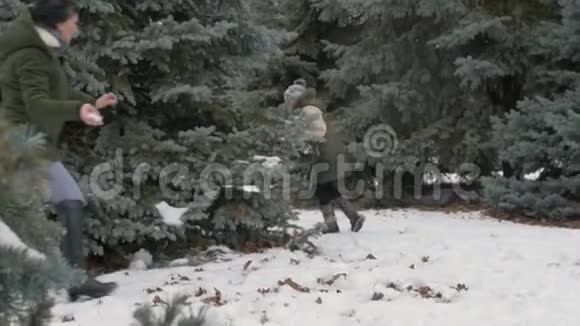 女人和女孩在冬天的森林里玩雪球美丽的风景和雪杉树视频的预览图