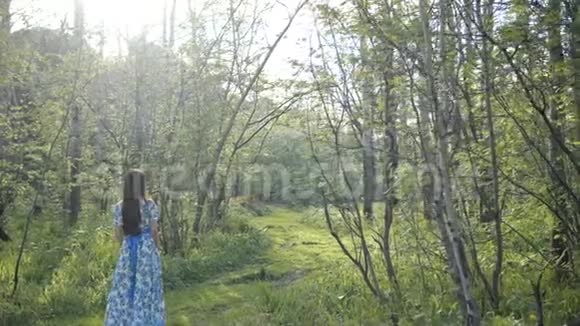 那个女孩正沿着森林里的小路走视频的预览图