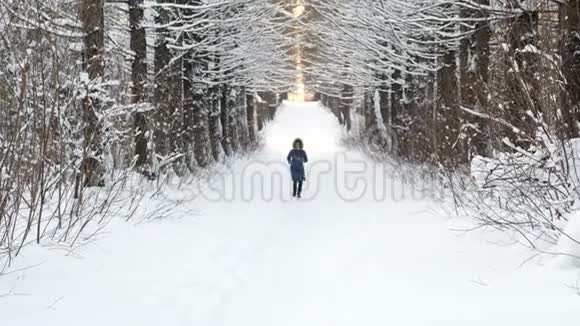 穿着蓝夹克和引擎盖的女人沿着雪巷公园的小路跑前景视频的预览图