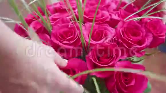 美丽的红玫瑰花做一束鲜花特写视频的预览图