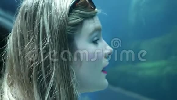 一位女士看到动物在水下穹顶水族馆的展览中游泳而感到惊讶视频的预览图