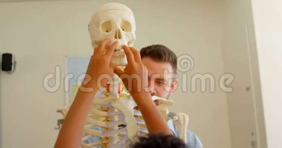 白种人男教师在学校4k教室中固定人体骨架模型视频的预览图