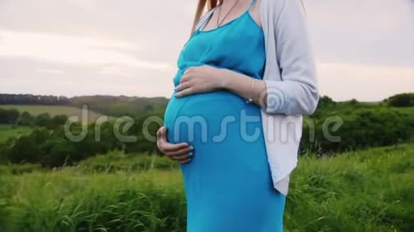 有魅力的孕妇在大自然中漫步视频的预览图