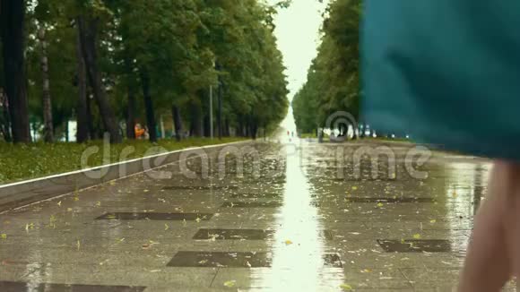 雨中一个穿着蓝色凉鞋的年轻女子走在公园的湿路旁视频的预览图