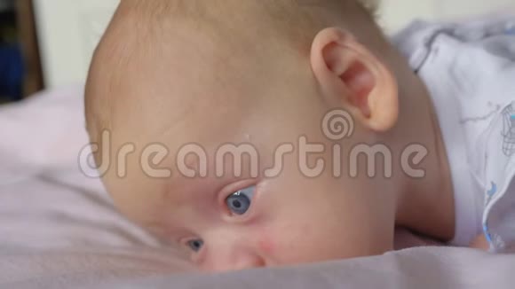 安静可爱的两个月大蓝眼睛女婴肖像视频的预览图