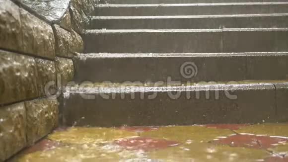 一场倾盆大雨河水从公园楼梯的台阶上倾泻下来慢动作4k视频的预览图