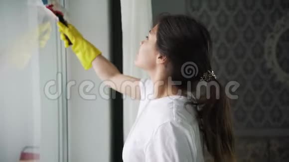 这女孩正在公寓里洗窗户视频的预览图