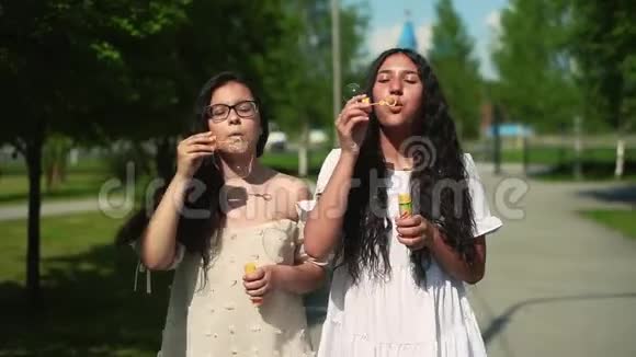 两个朋友在公园散步在夏天晴朗的天气做肥皂泡视频的预览图