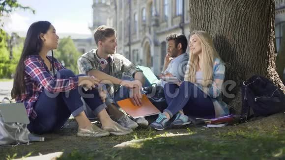 年轻人坐在树下分享想法大学圈子的成员视频的预览图