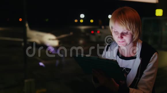 一个年轻的女人在机场候机楼里享受平板电脑傍晚时分坐在大窗户旁视频的预览图