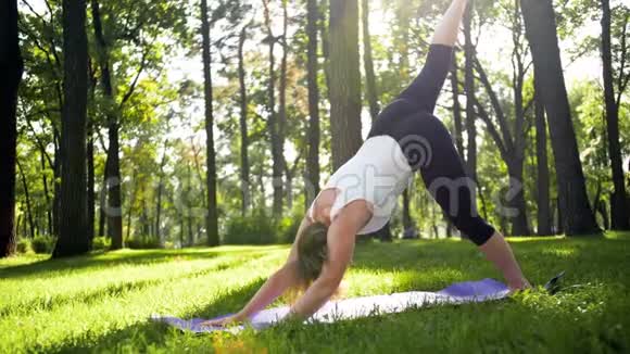 公园草地瑜伽和健身的4K慢动作视频中年微笑妇女练习和练习视频的预览图