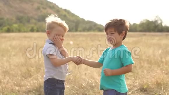 两个有趣的小男孩在公园里握手视频的预览图