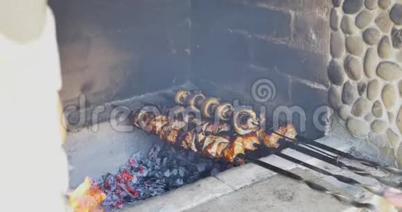 在户外午餐时在烧烤上煮猪肉Shashlik准备开火视频的预览图