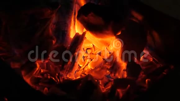 橙色的火在黑暗中燃烧木材在火中燃烧灰烬缓慢的运动视频的预览图