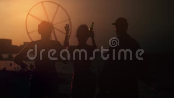 一群年轻人在日落时分把手放在海滩上视频的预览图