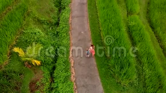 一名年轻女子和她的儿子在巴厘岛上沿着美丽的水稻梯田散步的空中拍摄无人机向上移动视频的预览图