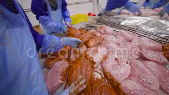 肉厂的员工用辣椒腌料铺鸡片为吸烟过程做准备视频的预览图