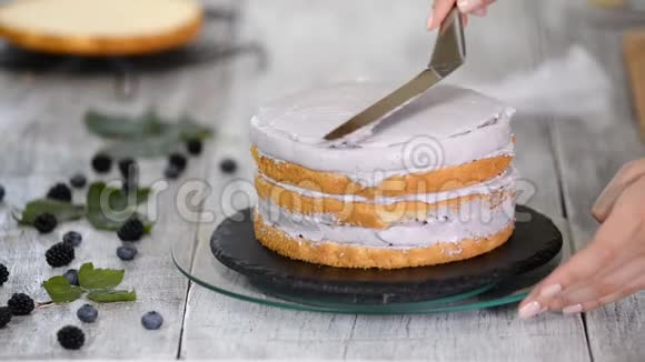 厨房里的糖果师用浆果奶油做一个海绵蛋糕自制糕点烹饪糕点的概念系列视频的预览图