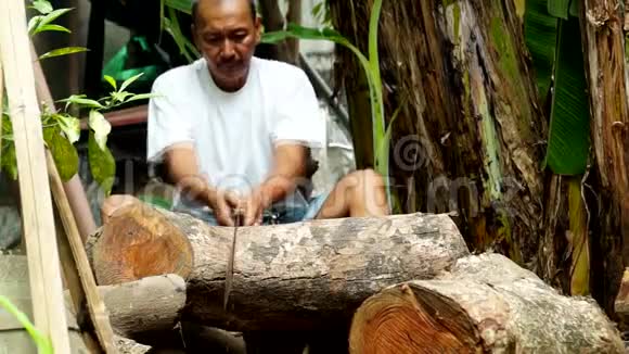 人们在后院用日本的手锯锯木柴火视频的预览图