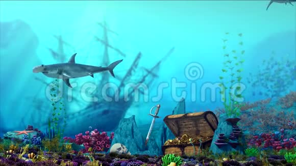 水族馆水下场景浮船宝箱三维渲染视频的预览图