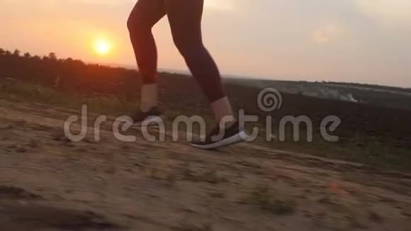 年轻女子双腿在田野里奔跑扬起尘土女孩穿着运动鞋沿着一条小路慢跑视频的预览图