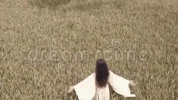 空中飞人穿着白色连衣裙在黄色麦田里行走的年轻女子视频的预览图