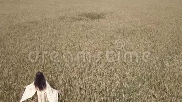 空中飞人年轻女子穿着白色连衣裙在黄色麦田里行走视频的预览图