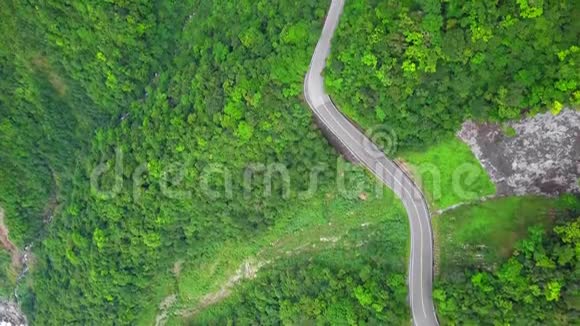 台湾绿树林中的汽车沿着弯曲的蛇形道路行驶高空俯视图视频的预览图