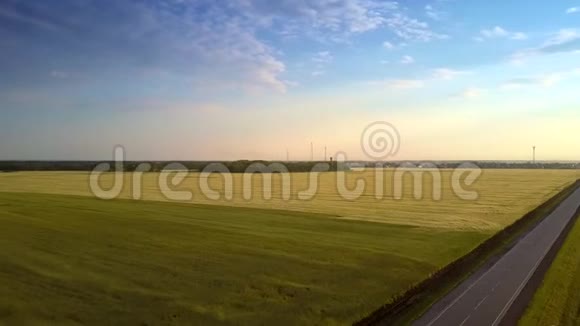 在美妙的天空下从道路上飞过成熟的田野视频的预览图