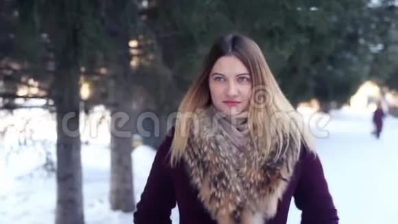 一个美丽时尚的女孩走过冬天的公园微笑着视频的预览图