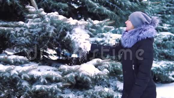 冬天的风景慢镜头拍摄冬天在冬天的公园里慢慢落下女孩走在积雪的中间视频的预览图