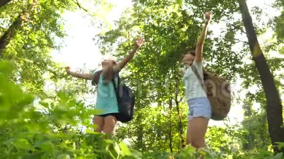 带着背包的疲惫女孩旅行者穿过森林的灌木丛远足的女人在森林里散步快乐的徒步旅行者视频的预览图