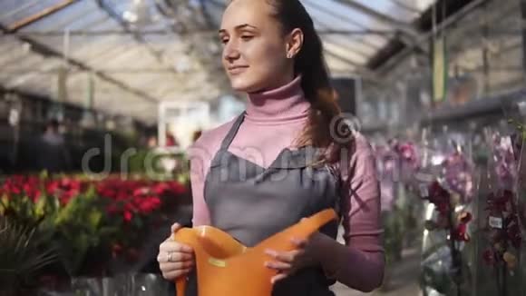 年轻的女园丁穿着制服走在温室里架子上放着不同的植物拿着橘子浇水视频的预览图